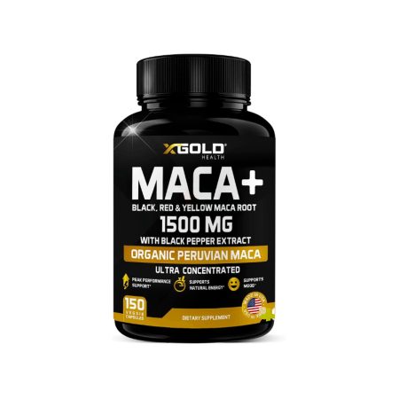 X Gold Health Organic Maca Root Powder Capsules 1500mg with Black | Red & Yellow Peruvian Maca Root 150 Caps