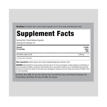 Beet Root Capsules 1500mg 120 Pills, Non-GMO, Gluten-Free, Red Superfood Supplement for Adults