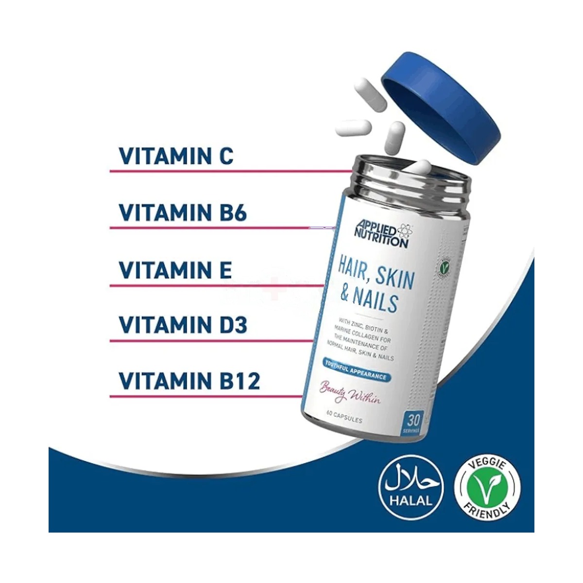 Applied Nutrition Hair, Skin & Nails Supplement - 10,000 mcg Biotin & Marine Collagen