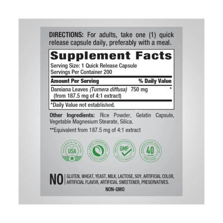 Piping Rock Damiana Leaves 750 mg | 200 Quick Release Capsules | Non-GMO, Gluten Free