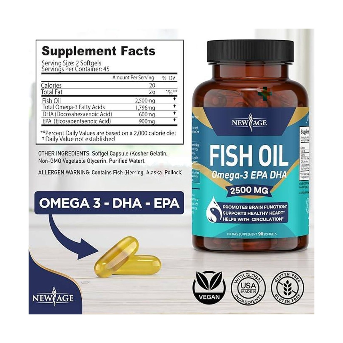 New Age Omega 3 Fish Oil 2500mg 90 Softgels
