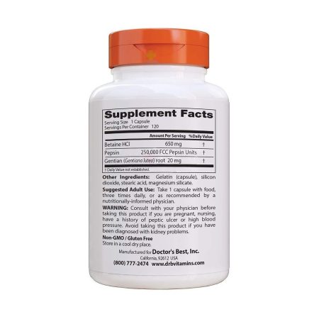 Doctor's Best, Betaine HCI Pepsin & Gentian Bitters, 120 Capsules
