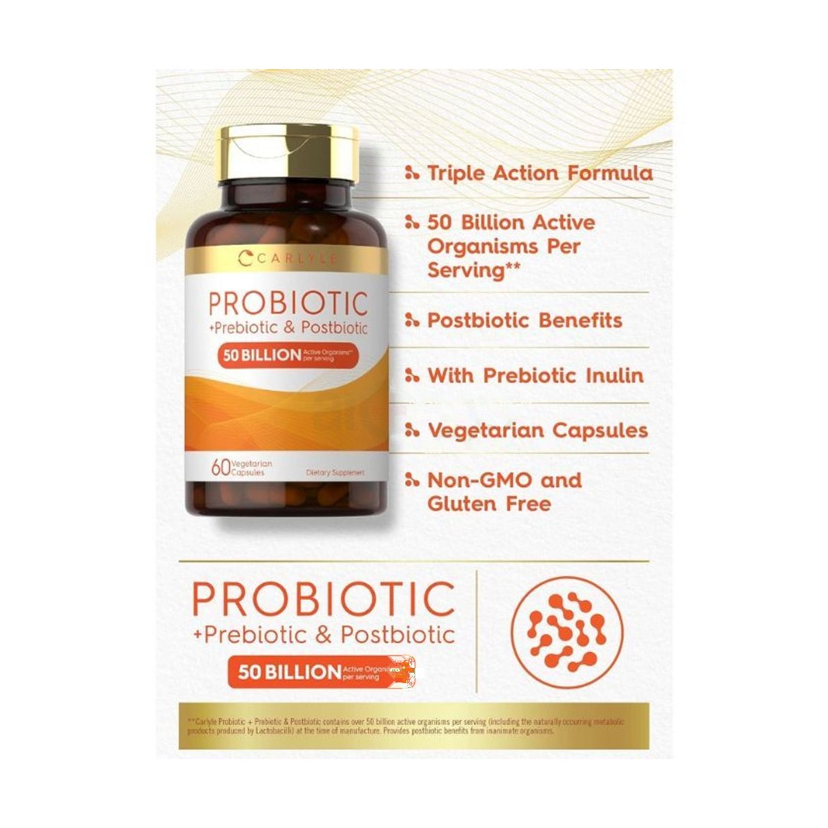 Carlyle Prebiotic, Probiotic & Postbiotic for Women and Men (50 Billion CFU) 60 Capsules
