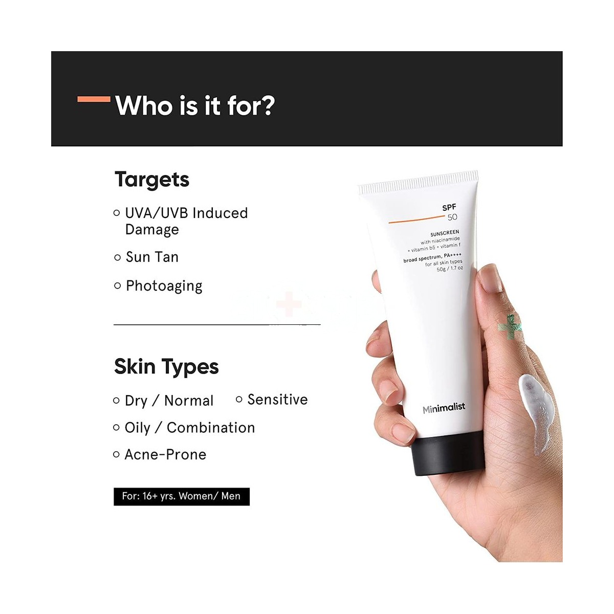 Minimalist SPF 50 Sunscreen with Niacinamide + Vitamin B5+ Vitamin F for All Skin Types 50gm