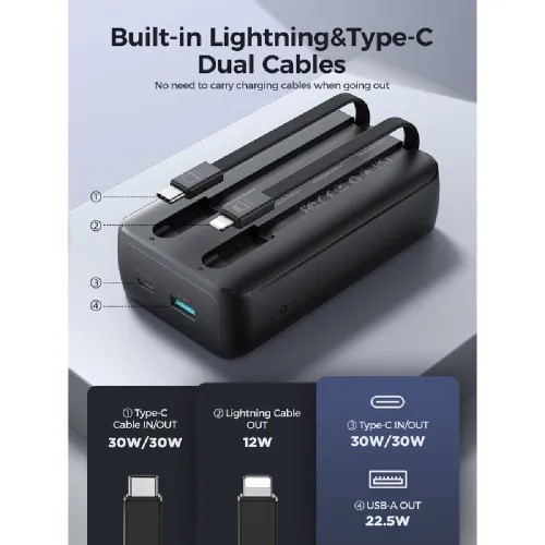 Joyroom JR-PBC06 10000mAh 30W Mini Power Bank with Dual Cables