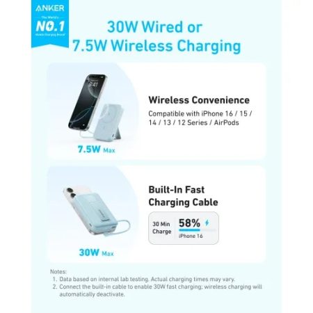 Anker Zolo 10000mAh 30W Magnetic Wireless Power Bank with Built-in Cable